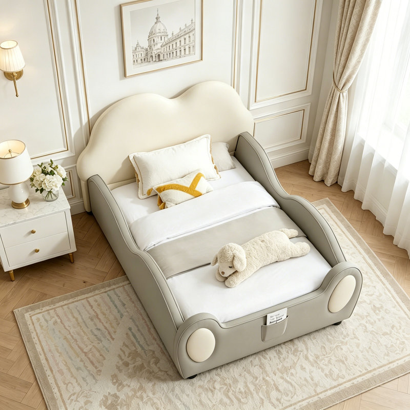 Mignon lit pour enfants en cuir de polyuréthane avec garde-corps et lit de sécurité pour tout-petits, Beige