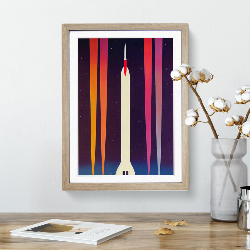 Artsy Spaceship Rocket - Wall Art, 46cm H x 34cm W, Oak Framed