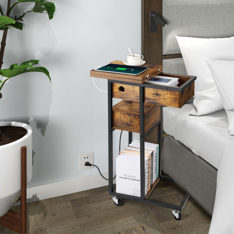 Table de bout en C avec station de charge - Table d'appoint peu encombrante avec ports USB, prises et tiroir