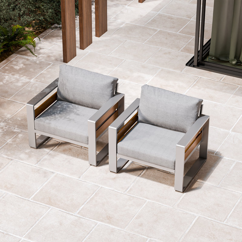 Aluminum Outdoor Patio Furniture - 2Pcs Armchair, All-Weather Metal Modern Outside Furniture With Washable Thick Cushion For Garden/Backyard/Porch Silver