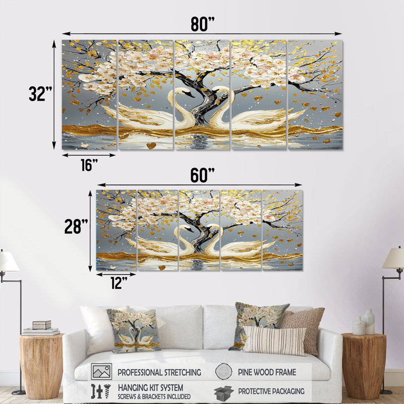 Cygnes gris et or Love Under Cherry Blossom II - Ensemble de décoration murale cerisier en fleurs, H 32 po x l 80 po