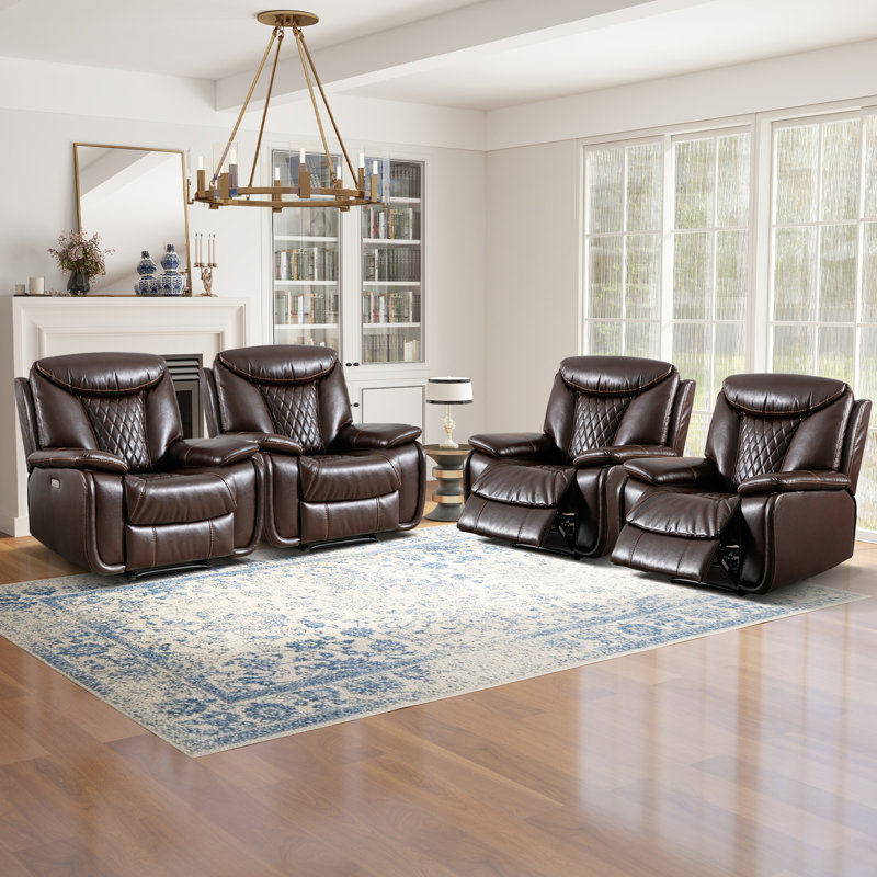 40.6" Wide Modern Diamond Home Theater Recliner With Power Button And USB (Set of 4), Brown Faux Leather