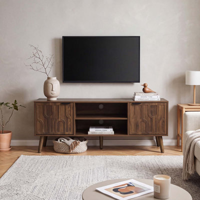 Meuble télé de style moderne du milieu du siècle avec rangement et design en forme de trombone, console multimédia pour salon et chambre