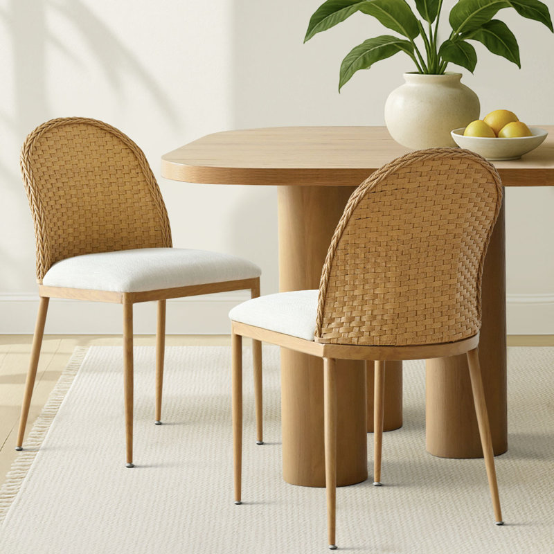 Linen Dining Chairs With Woven Rattan Back