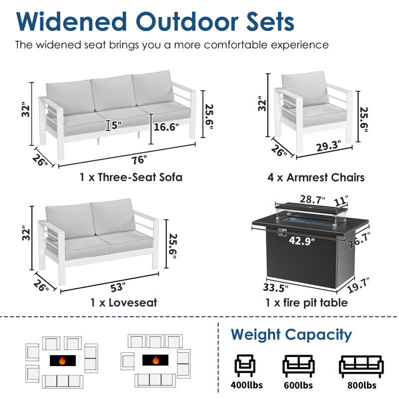 9 - Person Outdoor Seating Group With Cushions, Grey, White