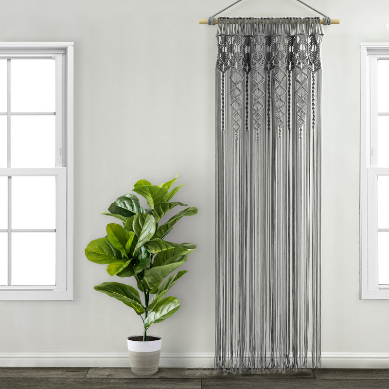 Boho Macrame Textured Cotton Cotton Sheer Curtain Single Panel, Grey, 40"W x 95"L