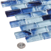 Bluz 1-in. x 2-in. Brick Joint Marble Look Glossy Glass Wall and Floor Mosaic Tile, Cyan