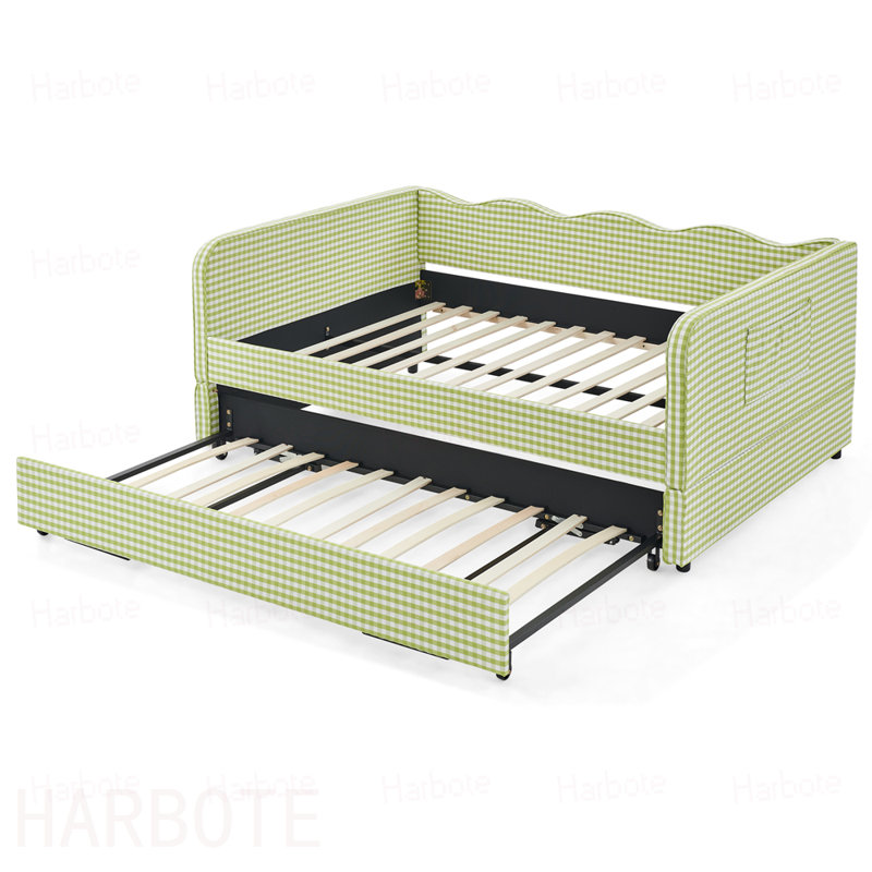 Divan-lit double convertible 3 en 1 avec couchette gigogne et poches de rangement latérales Gingham, Vert