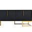 Meuble télé géométrique pour téléviseurs de 80 pouces, noir avec pattes en métal, poignées dorées et tablette réglable, console de rangement, configurations