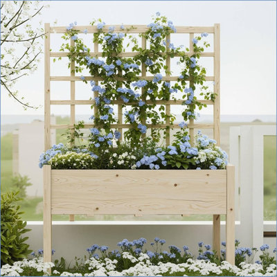 65" Tall Wooden Garden Planter with Trellis & Stand - Elevated Raised Bed with Liner for Vegetables, Herbs, Flowers - Patio, Balcony, Backyard Planter Box