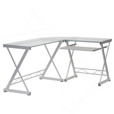 Bureau d'ordinateur en L en verre trempé avec panneau de clavier coulissant, transparent