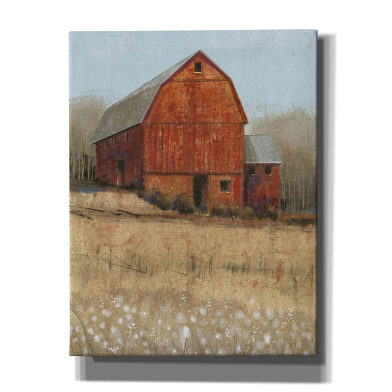 «Red Barn View I» par Tim O'toole, art mural sur toile, H 34 po x l 26 po x P 1,5 po