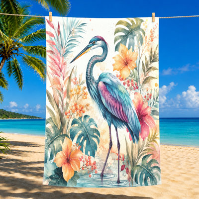 1PCS Tropical Heron Beach Towel, Vibrant Floral Design, Perfect for, Pool, and Travel, Lightweight Absorbent, Artistic Decoration Summer