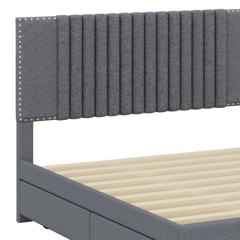 Lit plateforme tapissier avec 2 tiroirs et lit gigogne, tête de lit classique, Gris