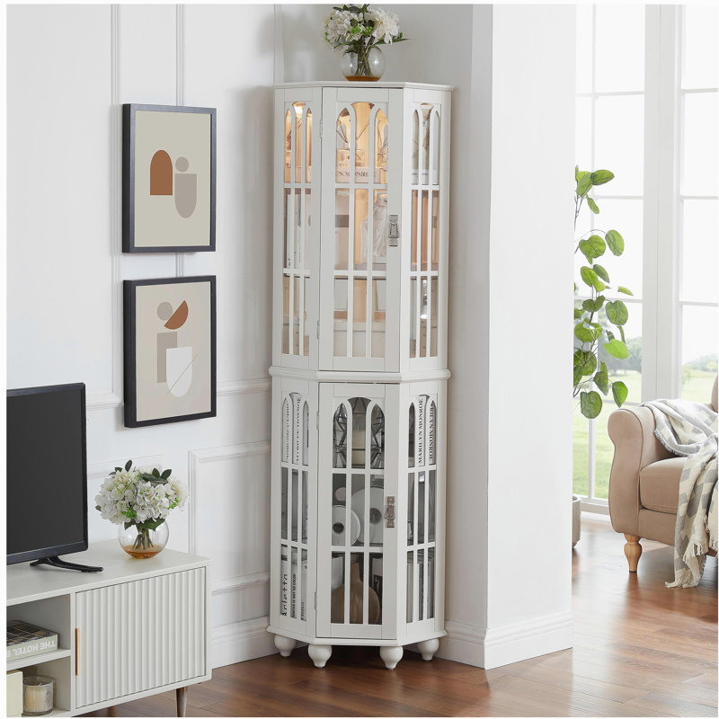 Vitrine de coin avec 4 tablettes réglables en verre trempé et système d'éclairage, pieds en bois massif, panneau arrière en miroir en acrylique (ampoule E26 non incluse)