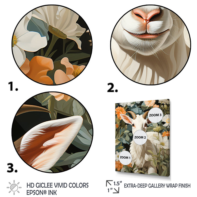 Portrait de chèvre blanche avec fleur d'été - Chèvre, art mural, Cadre flottant doré, H 40 po x l 30 po x P 1,5 po