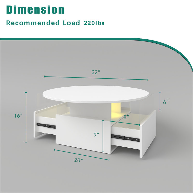Petite table basse ronde moderne en acrylique avec lumière DEL, Blanc, Blanc