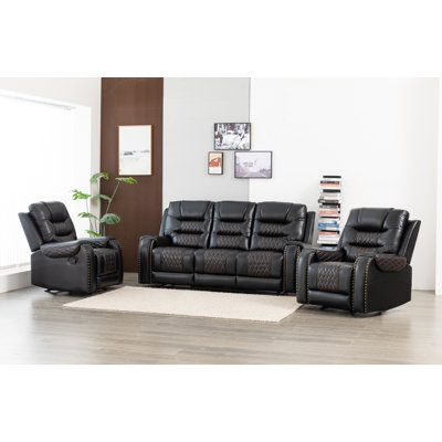 3-Piece Vegan Leather Manual Reclining Living Room Set With Hidden Cupholder by Lark Manor