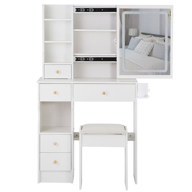 29.2" Small Size Left Drawer Desktop Vanity Table + Cushioned Stool, 2 AC+2 USB Power Station, Hair Dryer Bracket, Extra Large Touch Control Sliding LED Mirror, Tri-Color Switching, Brightness Adjust