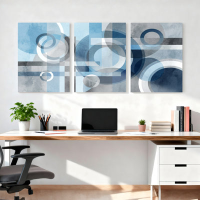 Abstract Blue And Gray Geometric Circles Canvas Wrapped Wall Art Oil Painting Print Set Of 3 For Living Room Bedroom Or Office Decor