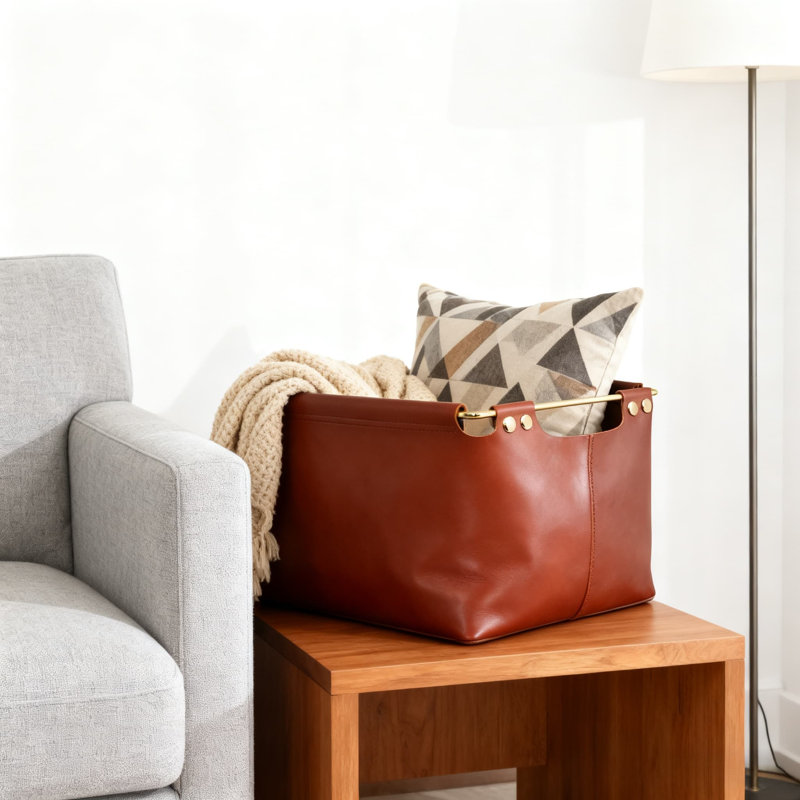 Nordic Minimalist Storage Basket With Metal Handles - Handcrafted Stitched Leather Organizer For Home Decor, Brown