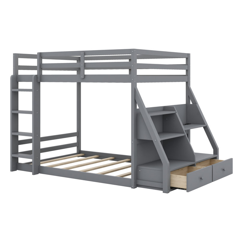 Bunk Bed with APP-Controlled 7-Color LED Lights, USB Ports, Shelves and 2  Drawers, Gray
