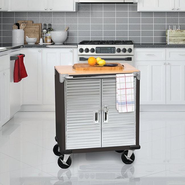 Graphite Steel Rolling Cabinet with Hardwood Top and Lockable Doors