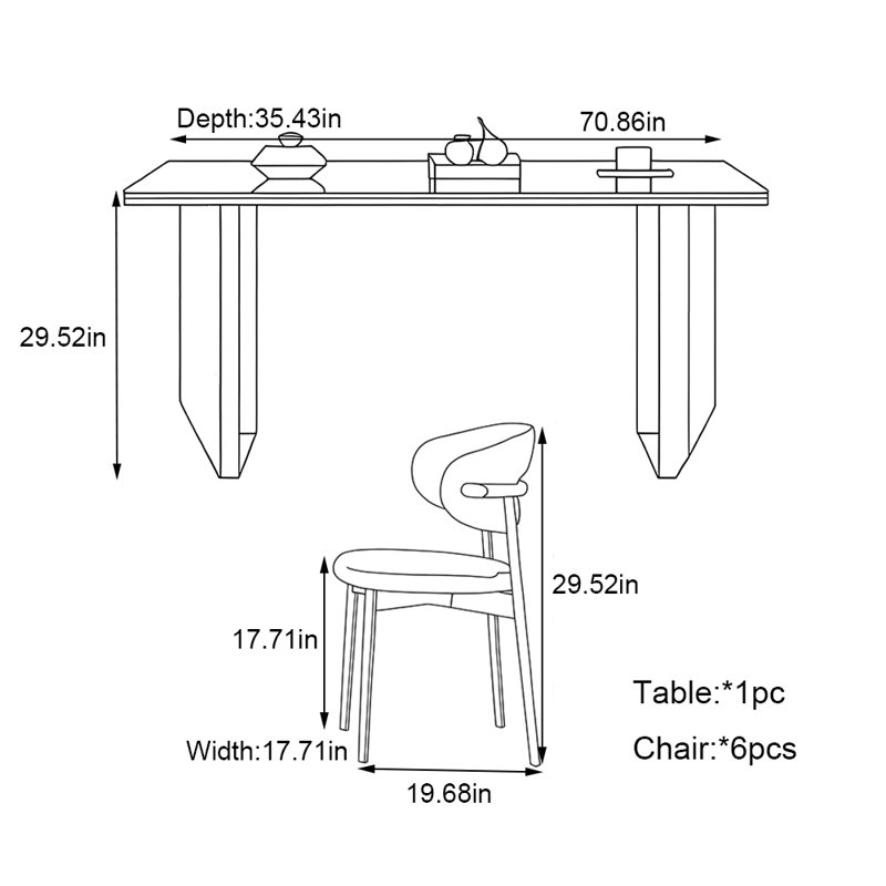 Simple family light luxury rectangular table set, 29.52"H x 70.86"L x 35.43"W