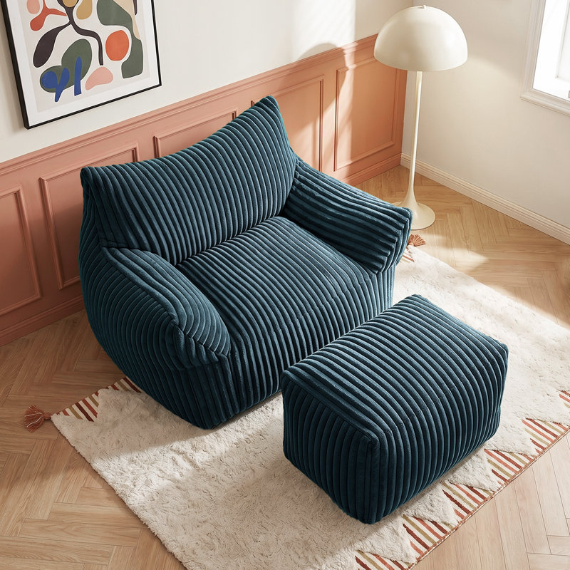 Compression Bean Bag Chair with Ottoman , Comfy Memory Foam Large Lazy Sofa, Navy Blue Corduroy