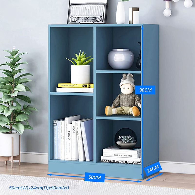 Bibliothèque à 3 niveaux avec tablette ouverte en bois avec base, présentoir 5 cubes et rangement en un, Bleu vif