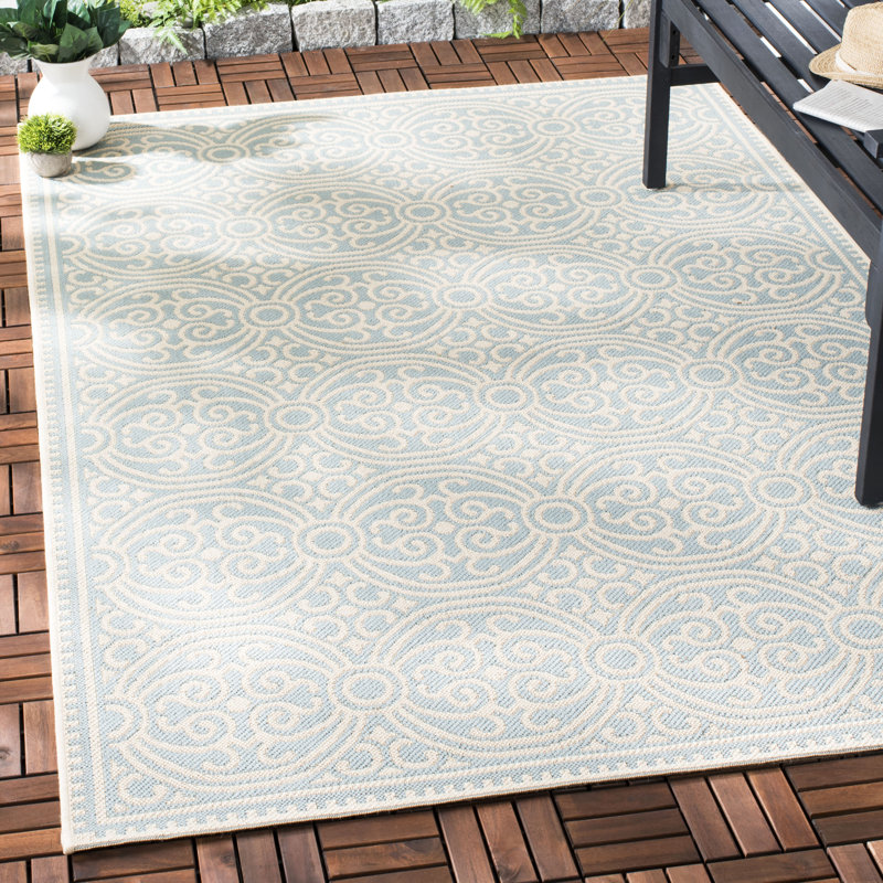 Gilmore Hooked Indoor/ Outdoor Cream/Aqua Rug, Rectangle 201 x 290 cm