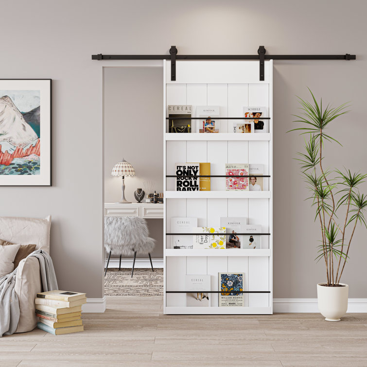 84" Manufactured Wood Bookshelf Barn Door Primed with Mounting Hardware Kit(Soft Close Inclued)