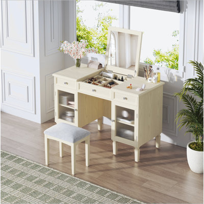 2-In-1 Vanity Desk With Flip-Top Mirror, Dressing Table Set With Drawer & Cabinet, Multi-Functional Computer Writing Desk For Study, Dressing Room, Bedroom, Living Room