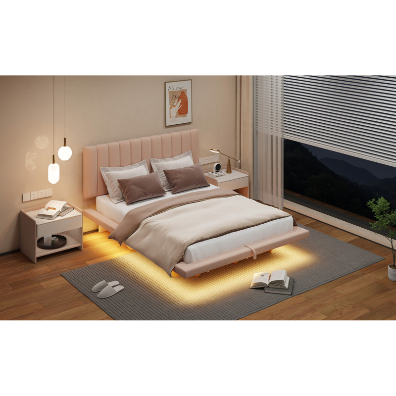 Lit plateforme tapissier grand avec lumière DEL et port USB, velours, rose, lit plateforme Hydrualic
