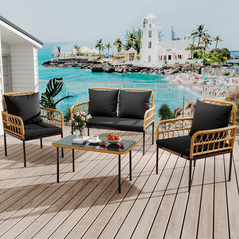 Ensemble de patio d'extérieur en osier 4 pièces, canapé modulaire en L avec table et coussins amovibles