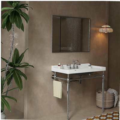 Lavabo de salle de bain 36 po, meuble-lavabo mural en céramique verte avec 3 trous pré-percés, pieds de support autoportants en acier inoxydable avec barre à serviettes, sans robinet, couleur chrome