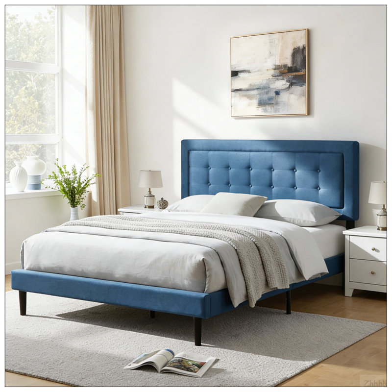 Grand lit plateforme tapissier, cadre de chambre à coucher facile à assembler, bleu foncé, Bleu très foncé