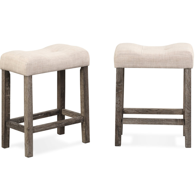 Tabouret à hauteur de comptoir à boutons taupe, de 2, avec siège et repose-pieds, structure en bois d'hévéa massif, bois confortable