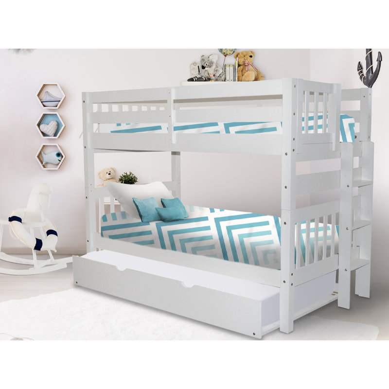 Treva Solid Wood Standard Twin over Twin Bunk Beds with Ladder and Twin Trundle, White