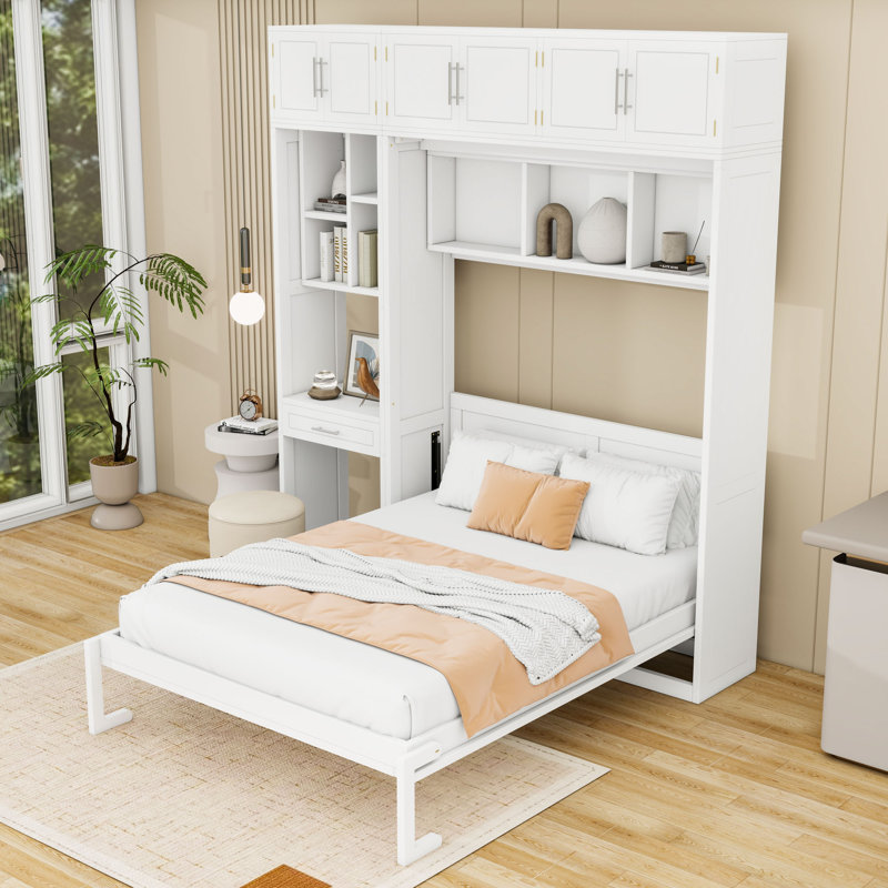 Lit escamotable en bois avec bureau, tablettes de rangement et armoire supérieure, Blanc, Double
