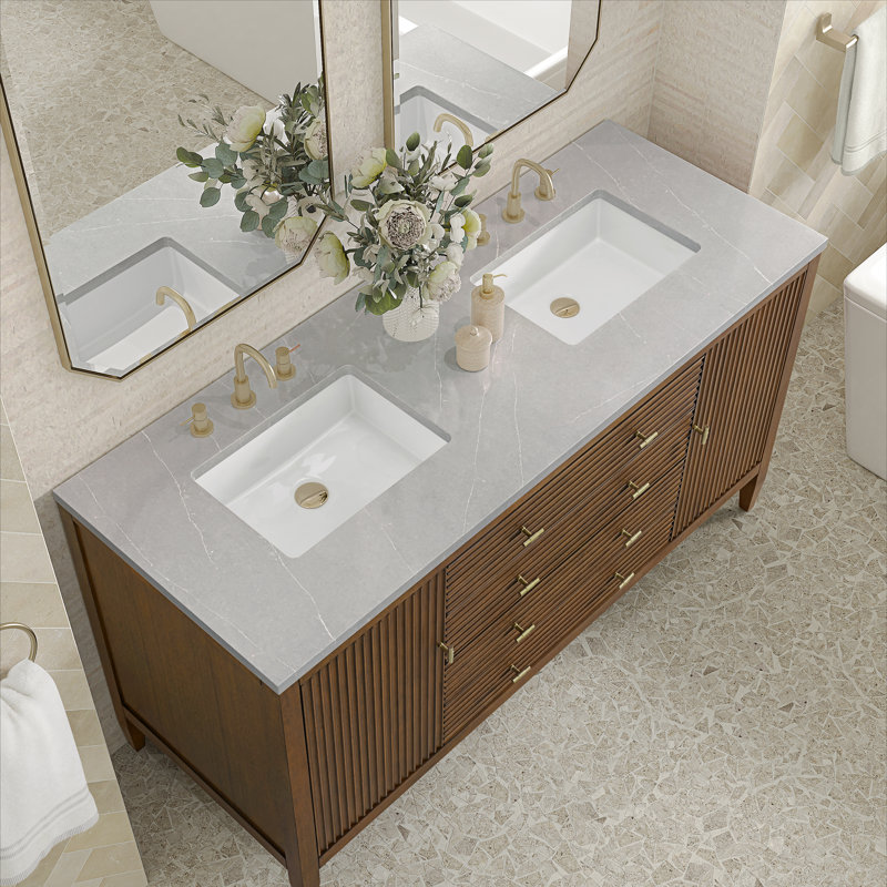 Myrrin 60'' W Double Vanity, Mid-Century Walnut, White Zeus, 8" Widespread