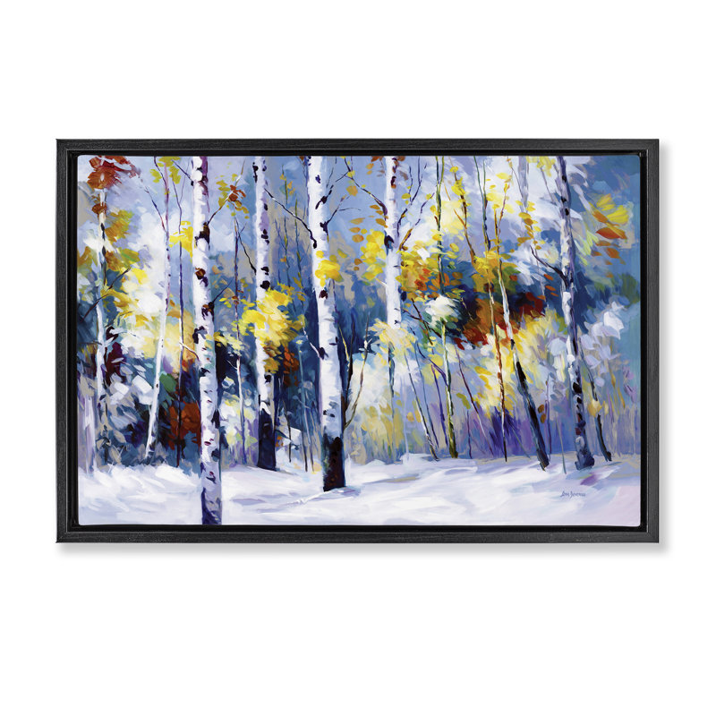 «Autumn Birch Trees Snowy Forest Floater», art mural par Leon Devenice, Cadre flottant noir de jais, H 21 po x l 31 po