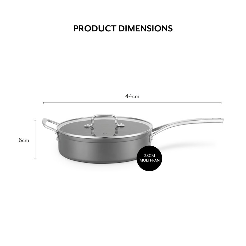SLT800375 Hard Anodised 28cm Multi-pan with Tempered Glass Lid, Helper Handle, 10x Stronger Superior Non-Stick Coating, Induction Compatible, Grey