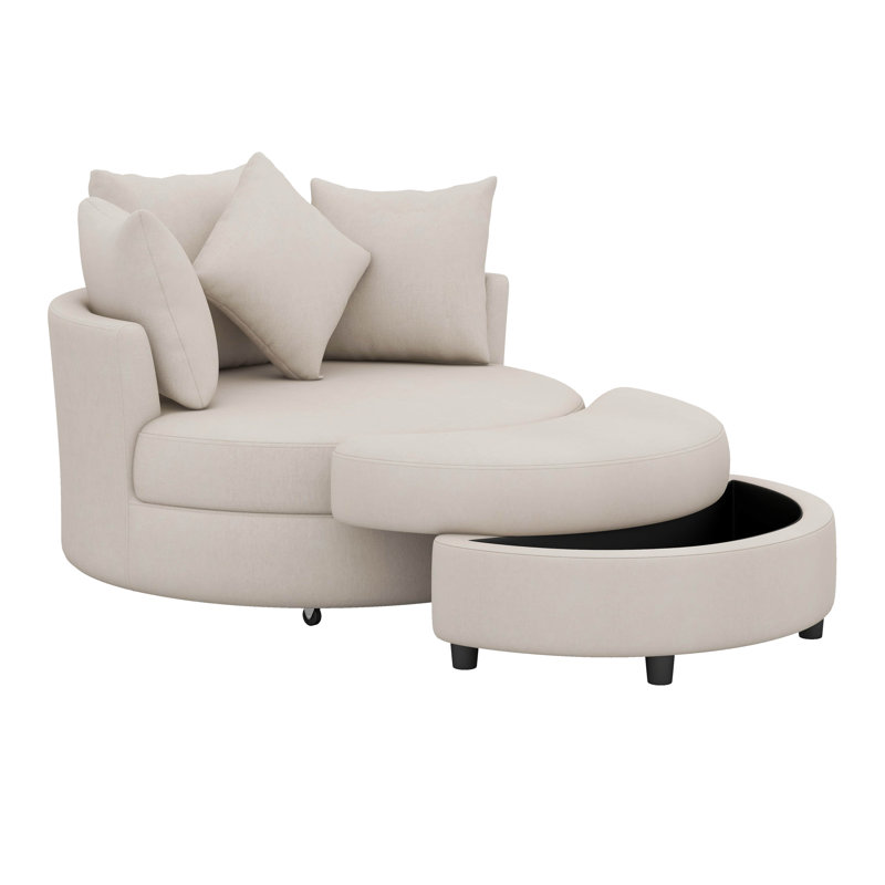 Fauteuil demi-tonneau pivotant à 360 degrés avec repose-pieds avec rangement et 4 coussins, fauteuil de loisirs moderne rembourré en chenille
