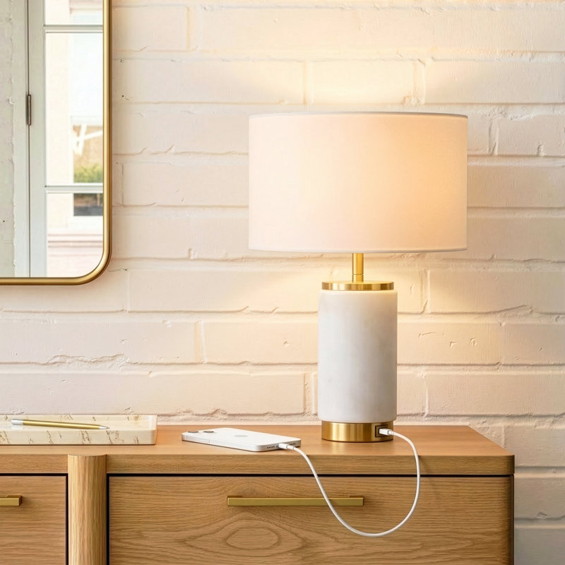 Arden 17 in. White Marble LED Bedside Table Lamp with Charging USB Port