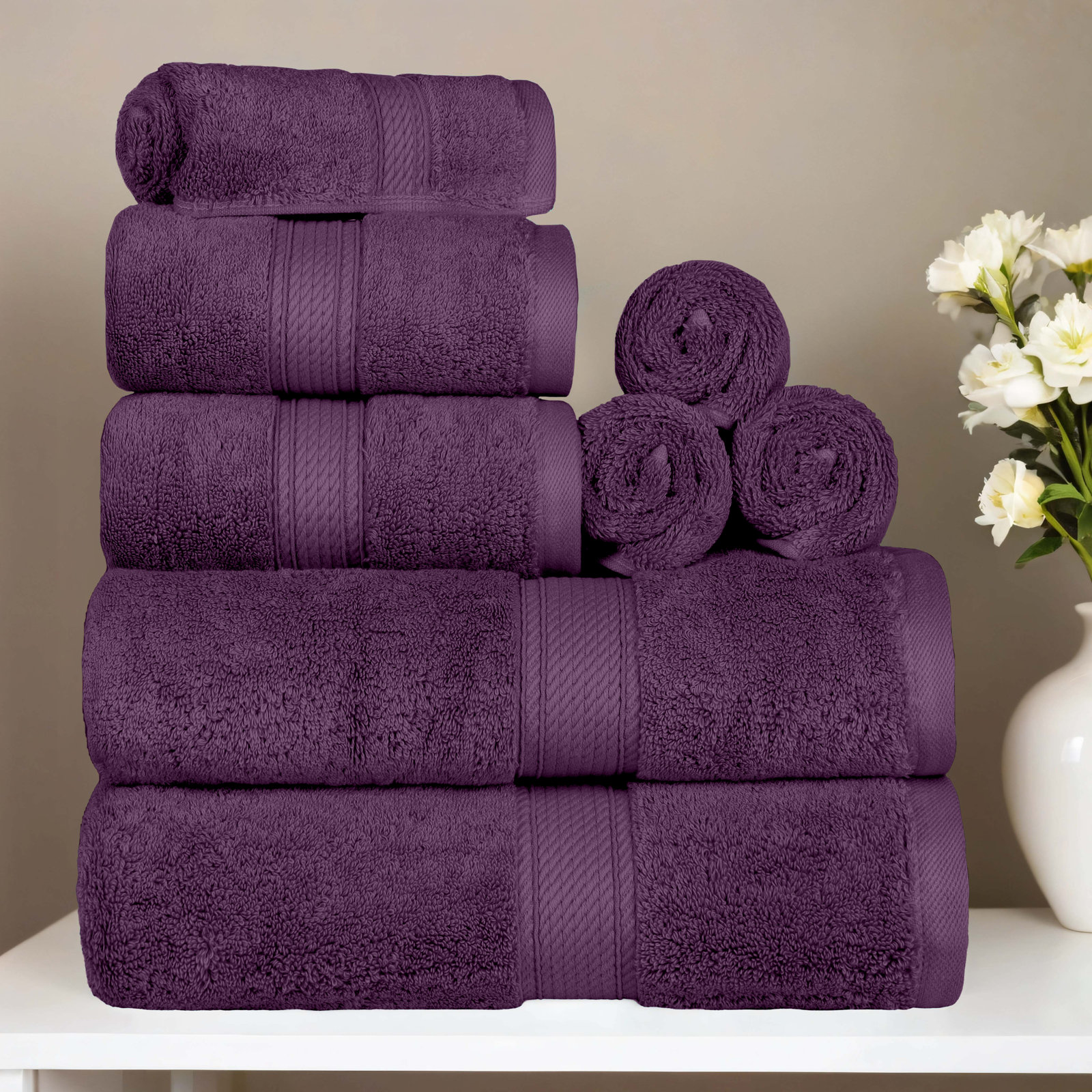 Renata 8-Piece Egyptian Cotton Towel Set, Plum