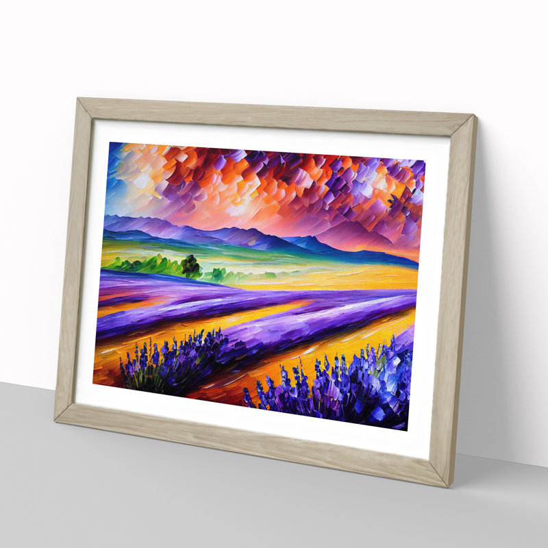 Striking Lavender Flower Field Abstract - Single Picture Frame Painting, 25cm H x 34cm W x 2cm D, Oak