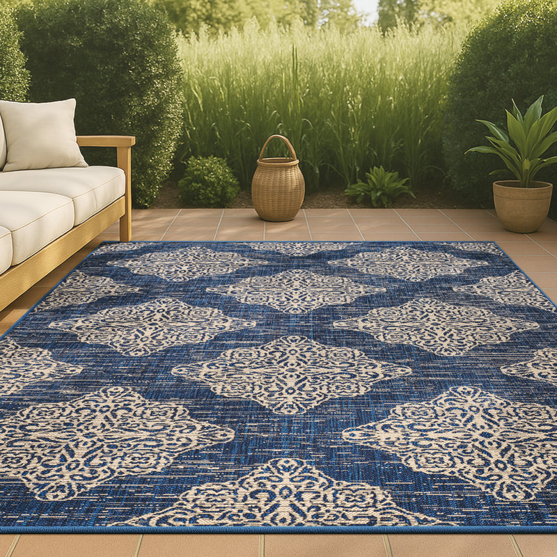Shahzaib Ornate Medallions Navy/Beige Indoor/Outdoor Rug, Rectangle 3'11" x 6'