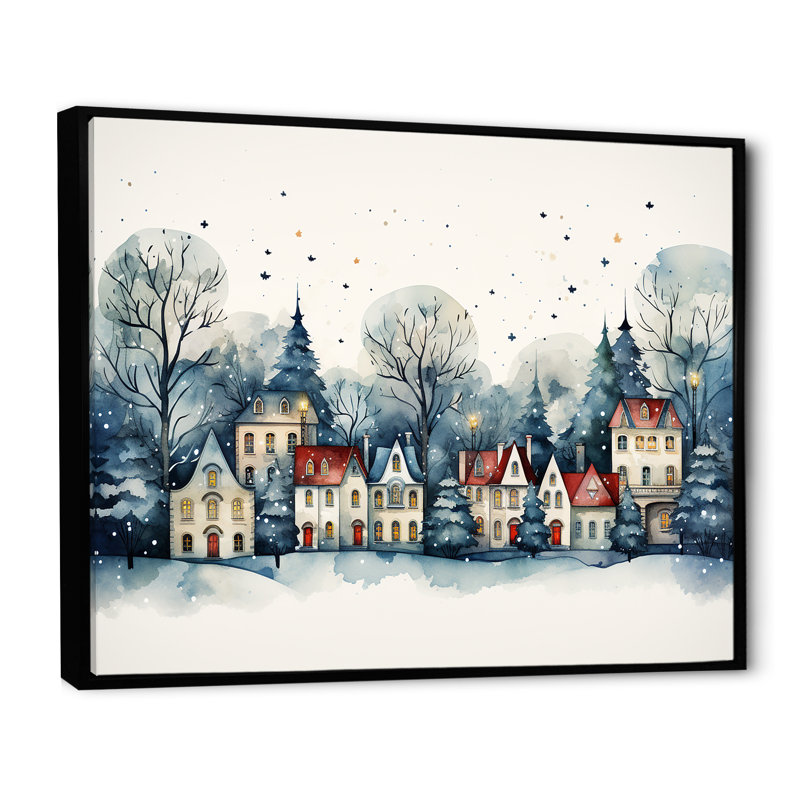 «Christmas Village In Winter I - Winter Landscape», art mural, Cadre flottant noir, H 30 po x l 40 po x P 1,5 po
