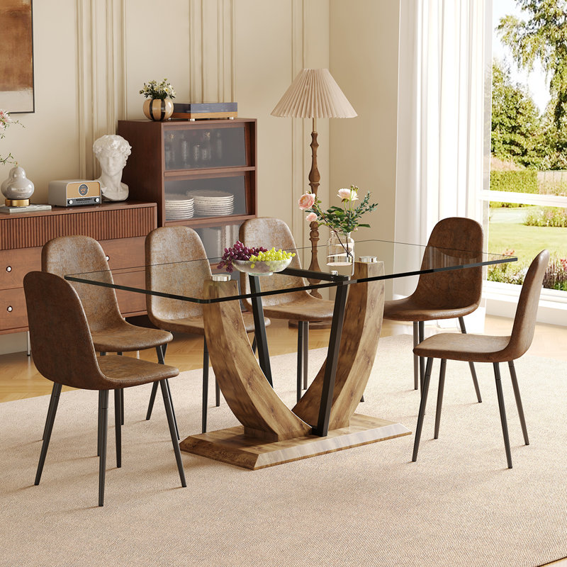 Ensemble de table à manger moderne 7 pièces, table en verre 71 po avec 6 chaises rembourrées, mobilier de cuisine rectangulaire pour économiser de l'espace